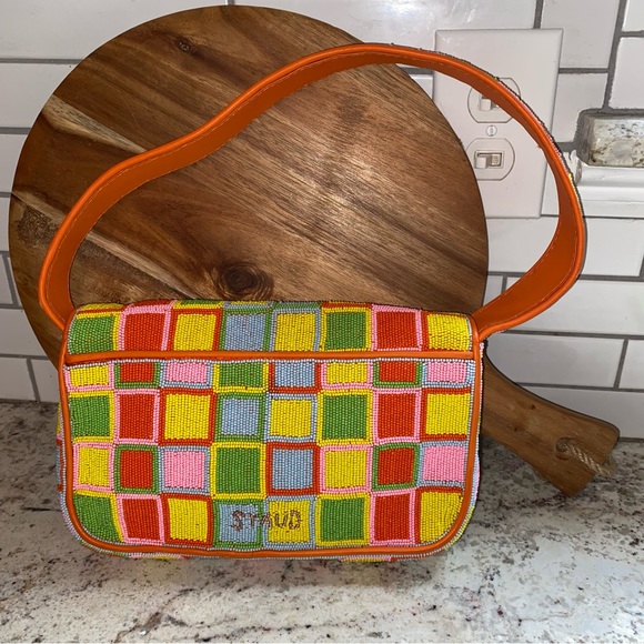 STAUD Handbags - STAUD Tommy Beaded Bag Mod Check Squares Orange Pink Green NWOT